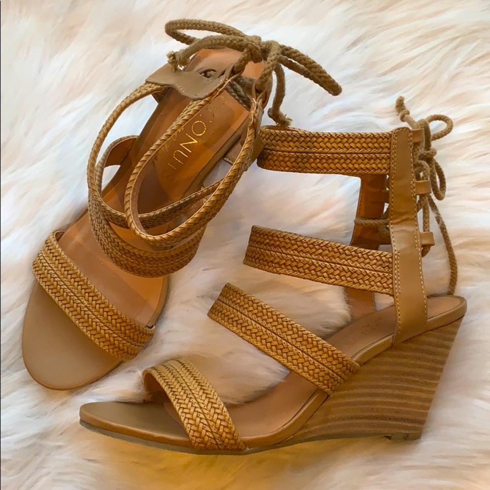 Tan Wedge Sandal with Ankle Tie